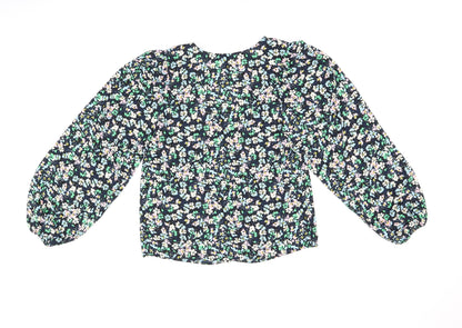Marks & Spencer Womens Blue Floral Polyester Basic Blouse Size 8 V-Neck