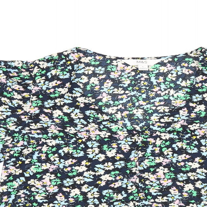 Marks & Spencer Womens Blue Floral Polyester Basic Blouse Size 8 V-Neck