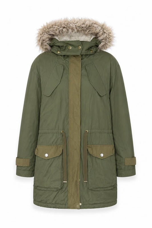 H&M Womens Green Parka Coat Size XS Zip - Fur Hood