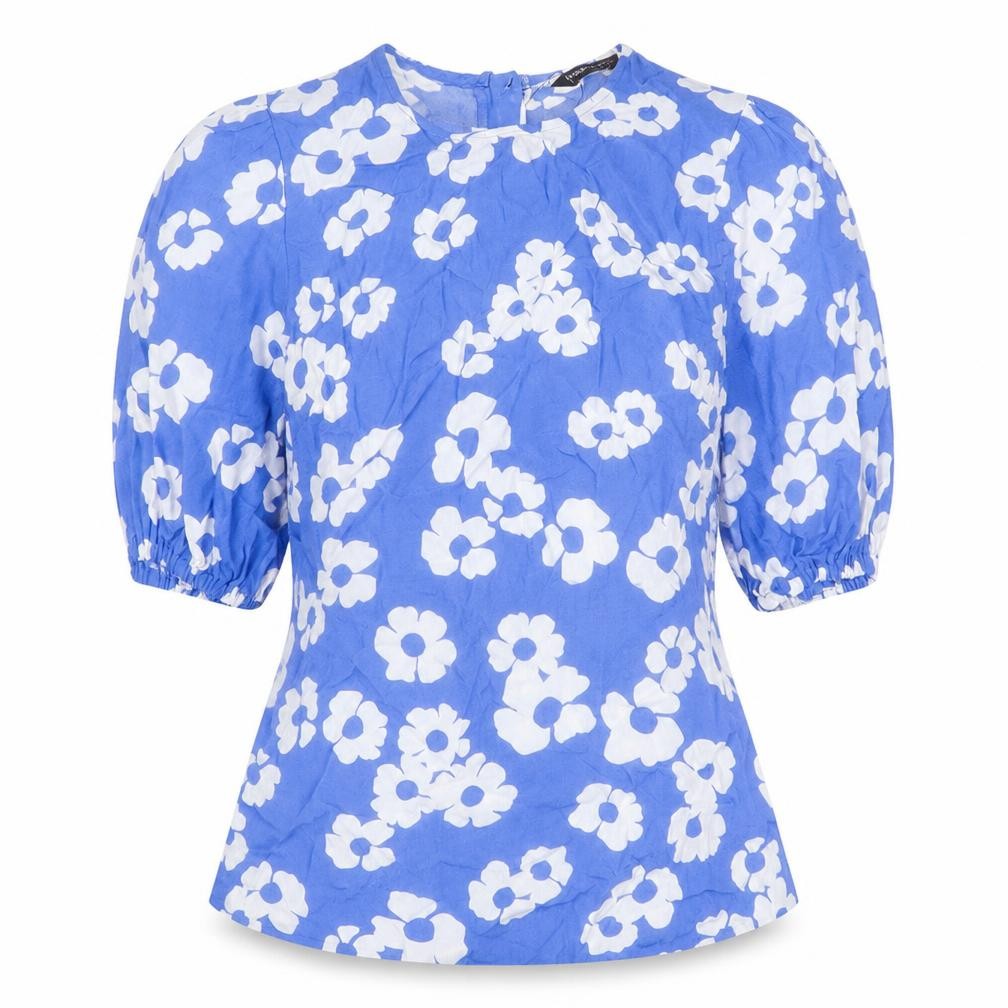Marks & Spencer Womens Blue Floral Viscose Basic Blouse Size 6 Round Neck