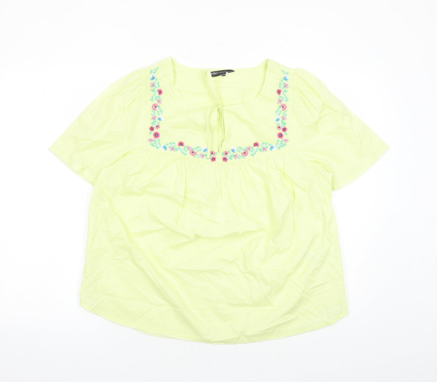 Marks and Spencer Womens Yellow Floral Cotton Basic Blouse Size 12 Round Neck - Embroidered Flowers Keyhole Neckline