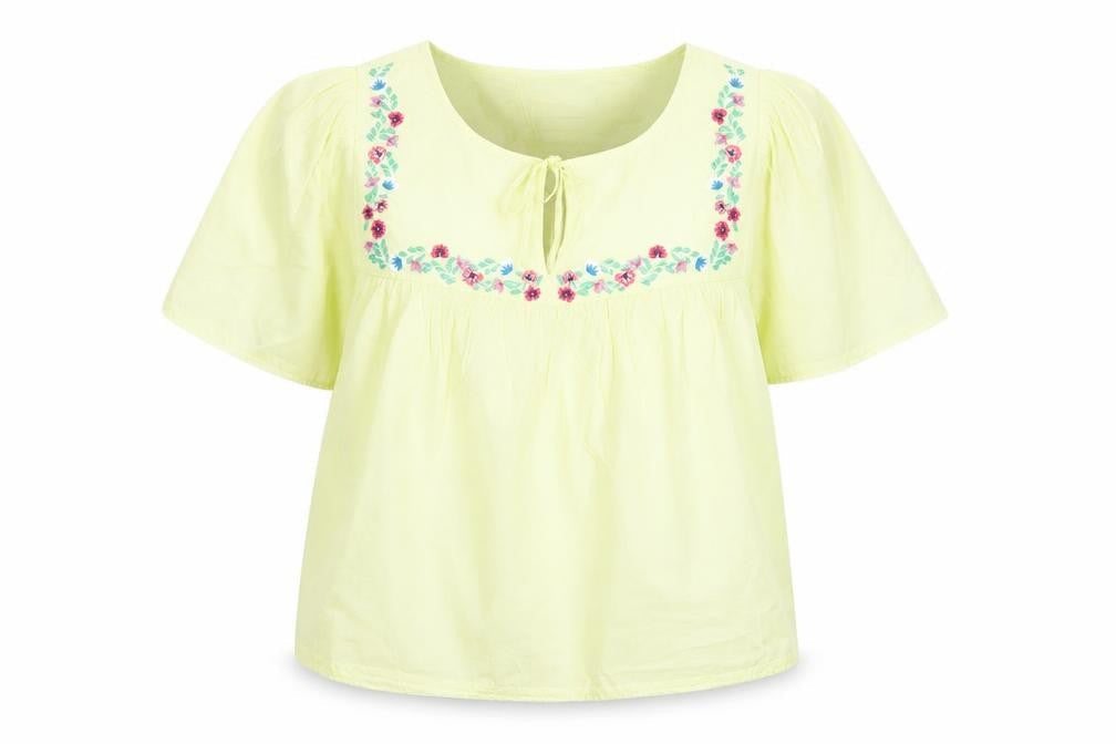 Marks & Spencer Womens Yellow Floral Cotton Basic Blouse Size 12 Round Neck - Embroidered Flowers Keyhole Neckline