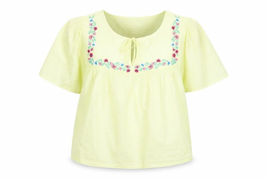 Marks & Spencer Womens Yellow Floral Cotton Basic Blouse Size 12 Round Neck - Embroidered Flowers Keyhole Neckline