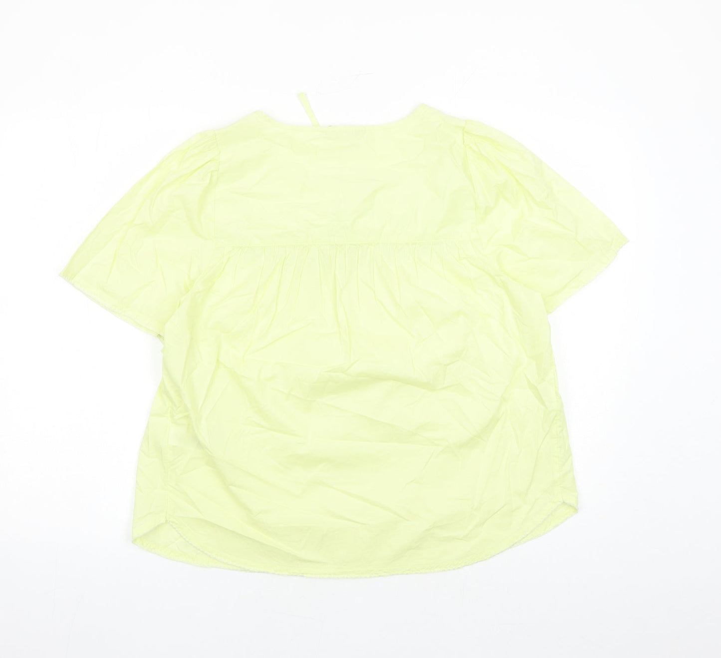 Marks and Spencer Womens Yellow Floral Cotton Basic Blouse Size 12 Round Neck - Embroidered Flowers Keyhole Neckline