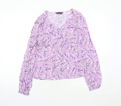 Marks & Spencer Womens Purple Floral Viscose Basic Button-Up Size 6 V-Neck