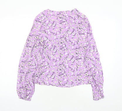 Marks & Spencer Womens Purple Floral Viscose Basic Button-Up Size 6 V-Neck