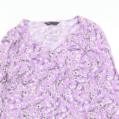 Marks & Spencer Womens Purple Floral Viscose Basic Button-Up Size 6 V-Neck