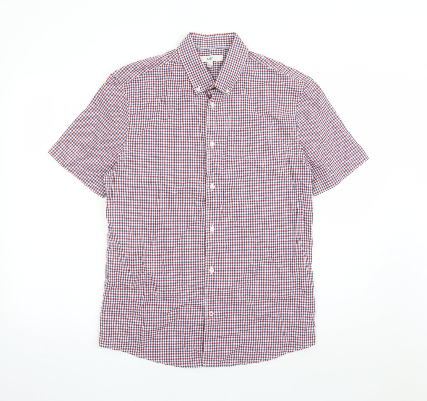 Marks and Spencer Mens Red Check Cotton Button-Up Size S Collared Button