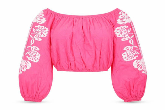 Marks and Spencer Womens Pink Floral 100% Cotton Cropped Blouse Size 18 Boat Neck - Embroidered Detail