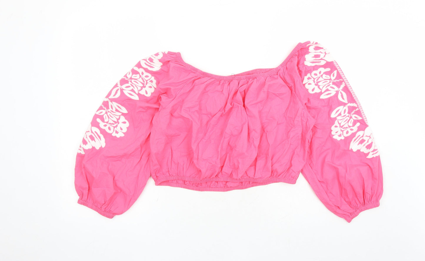 Marks and Spencer Womens Pink Floral 100% Cotton Cropped Blouse Size 18 Boat Neck - Embroidered Detail