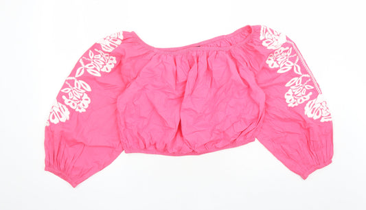 Marks and Spencer Womens Pink Floral 100% Cotton Cropped Blouse Size 18 Boat Neck - Embroidered Detail