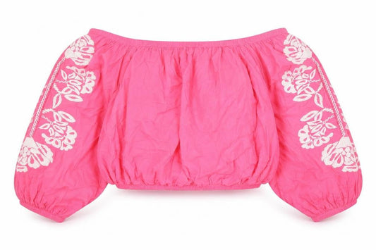 Marks and Spencer Womens Pink Floral 100% Cotton Cropped Blouse Size 18 Boat Neck - Embroidered Detail