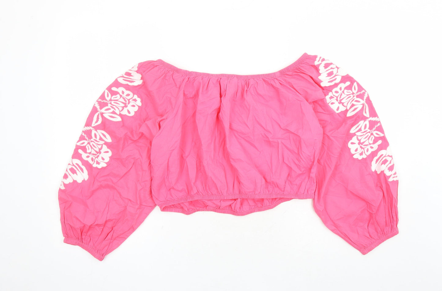 Marks and Spencer Womens Pink Floral 100% Cotton Cropped Blouse Size 18 Boat Neck - Embroidered Detail