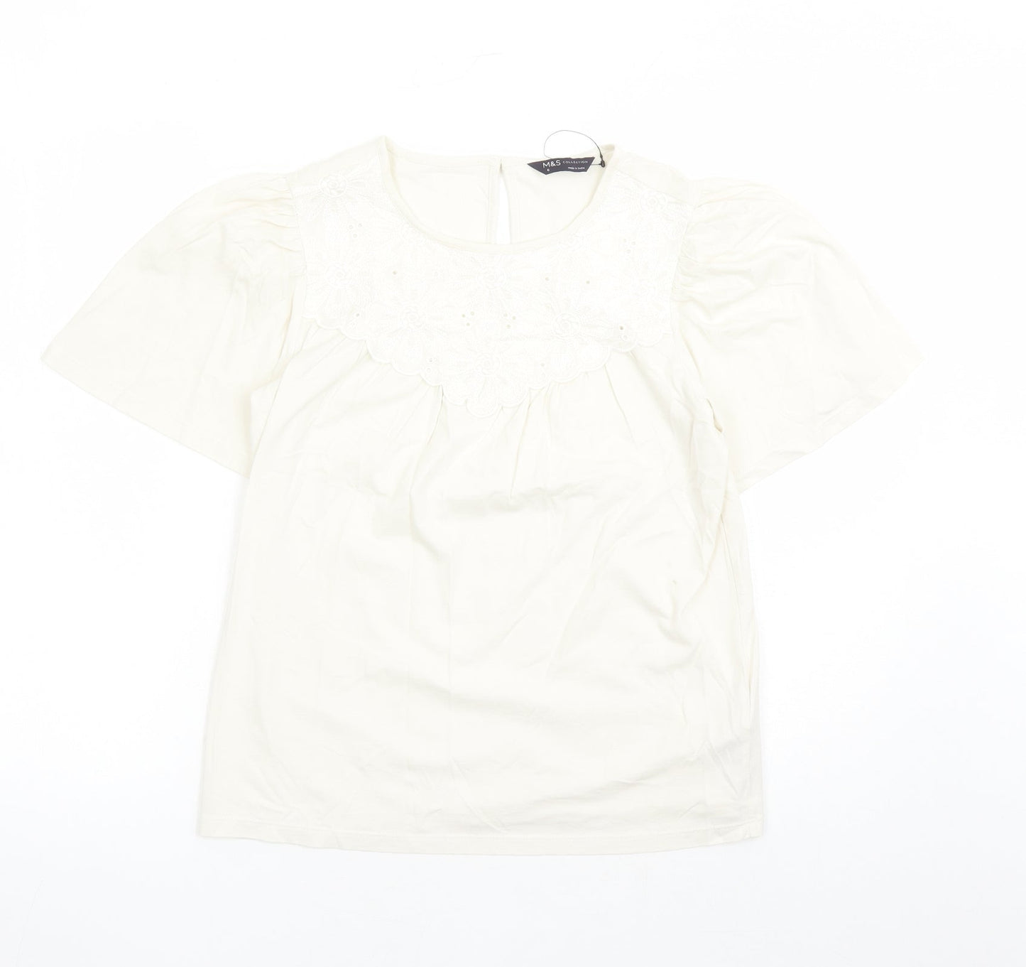 marks and Womens Ivory Floral 100% Cotton Basic T-Shirt Size 6 Round Neck - Embroidered Detail
