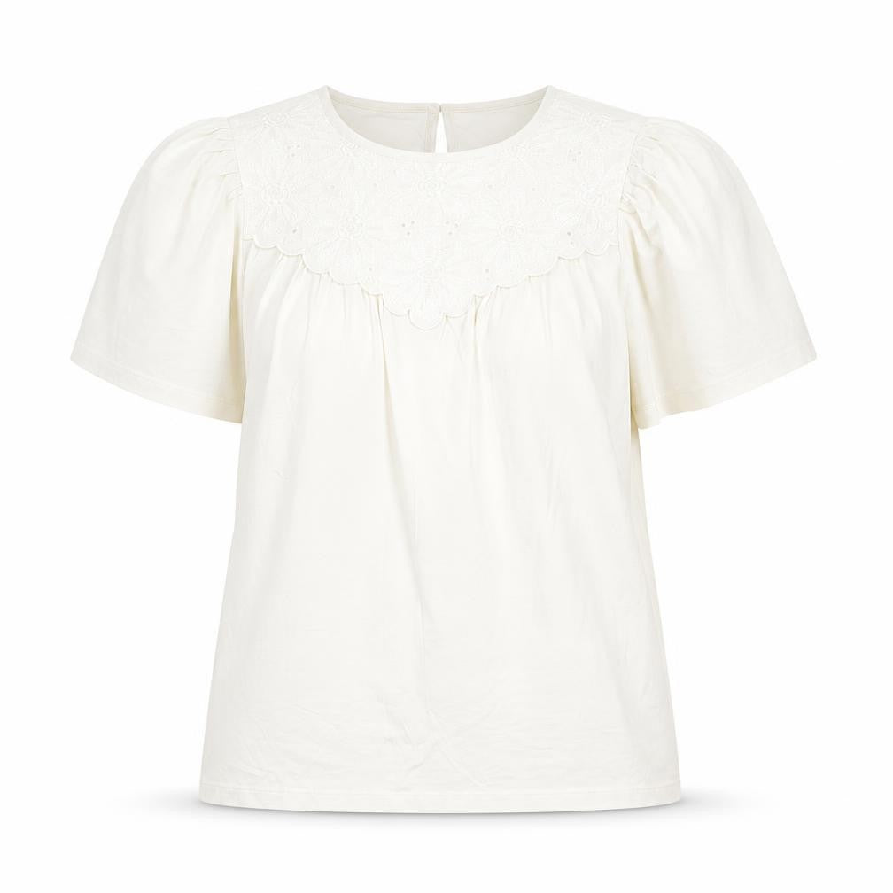 Marks & Spencer Womens Ivory Floral 100% Cotton Basic T-Shirt Size 6 Round Neck - Embroidered Detail