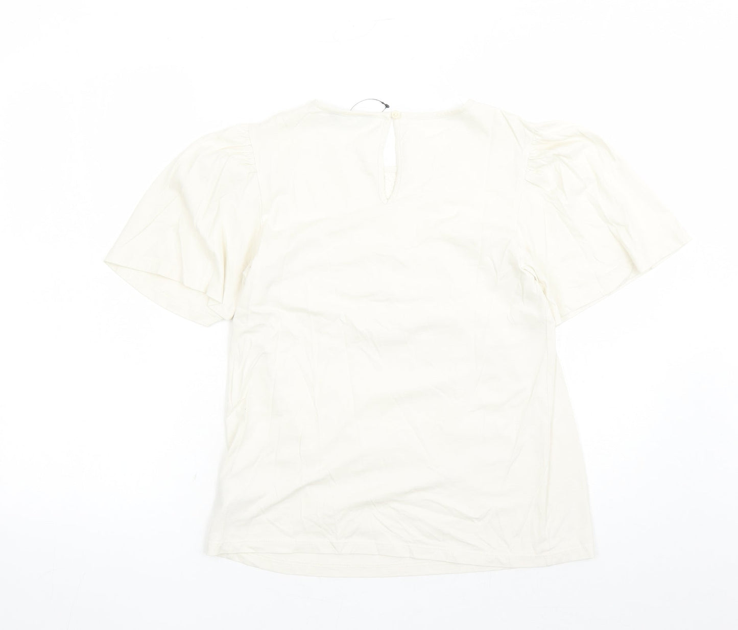 marks and Womens Ivory Floral 100% Cotton Basic T-Shirt Size 6 Round Neck - Embroidered Detail