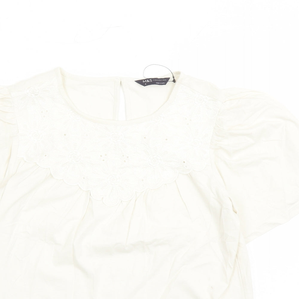 marks and Womens Ivory Floral 100% Cotton Basic T-Shirt Size 6 Round Neck - Embroidered Detail