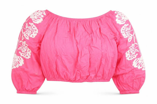 Marks and Spencer Womens Pink Floral 100% Cotton Cropped Blouse Size 18 Boat Neck - Embroidered Detail