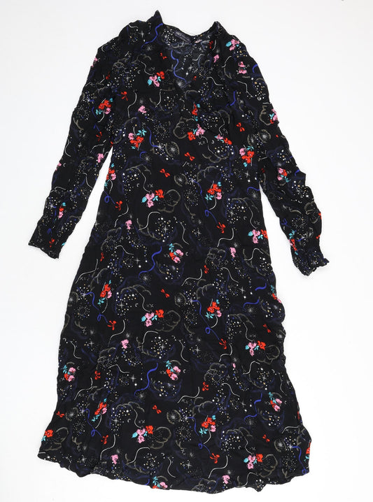 Marks and Spencer Womens Black Geometric Viscose A-Line Size 10 V-Neck Zip - Flowers