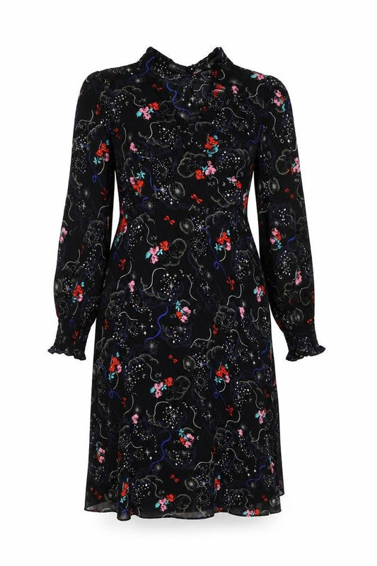 Marks & Spencer Womens Black Geometric Viscose A-Line Size 10 V-Neck Zip - Flowers