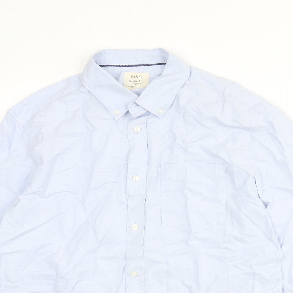 Marks and Spencer Mens Blue Cotton Button-Up Size M Collared Button