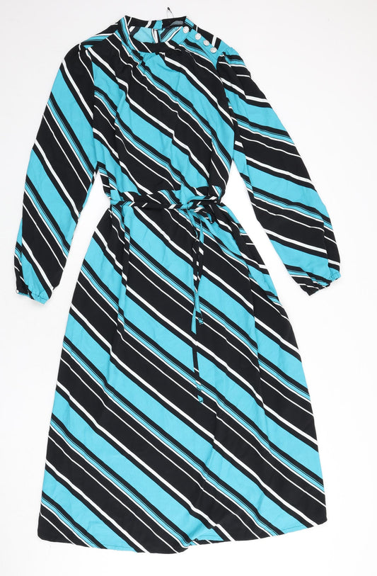 Marks and Spencer Womens Multicoloured Striped Polyester A-Line Size 10 Round Neck Button - Tie Detail