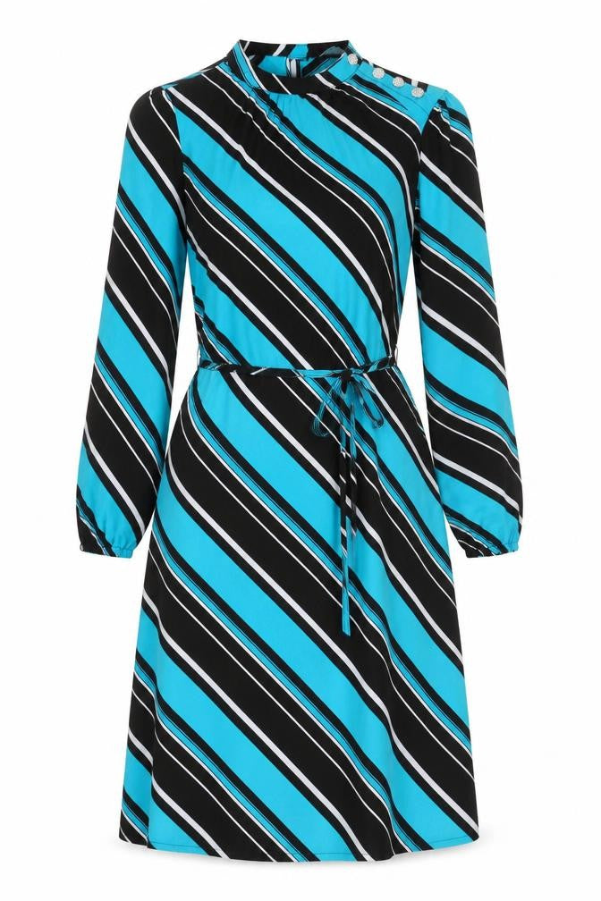 Marks & Spencer Womens Multicoloured Striped Polyester A-Line Size 10 Round Neck Button - Tie Detail
