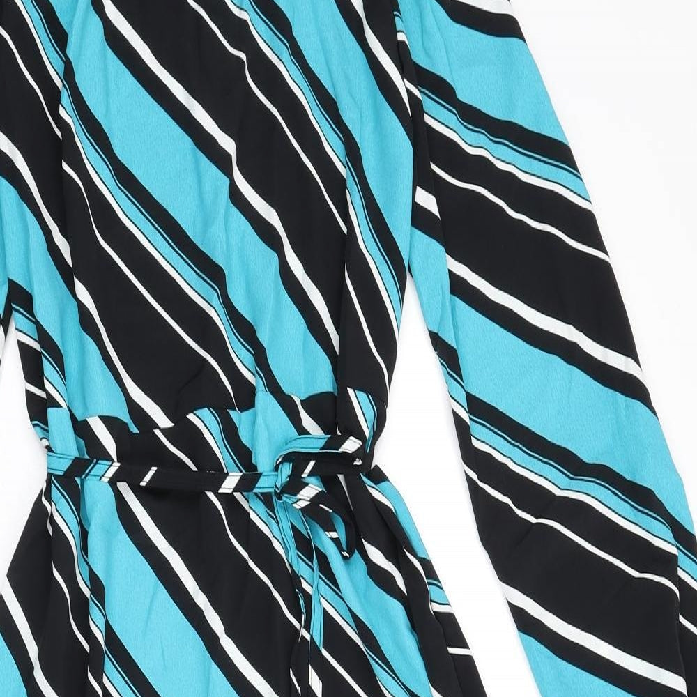 Marks and Spencer Womens Multicoloured Striped Polyester A-Line Size 10 Round Neck Button - Tie Detail