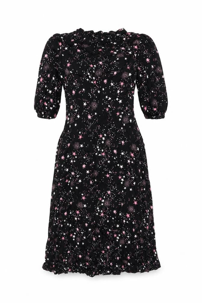 Marks & Spencer Womens Black Geometric Viscose A-Line Size 10 Round Neck Zip - Star Print