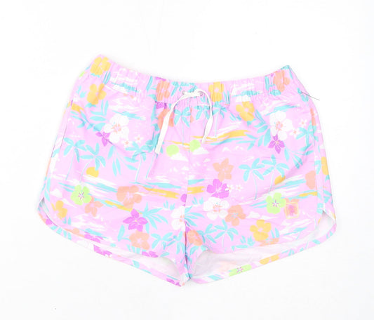 Marks and Spencer Girls Purple Floral Polyester Sweat Shorts Size 12-13 Years L3 in Regular Drawstring - Palm Trees, Inside Leg 2in