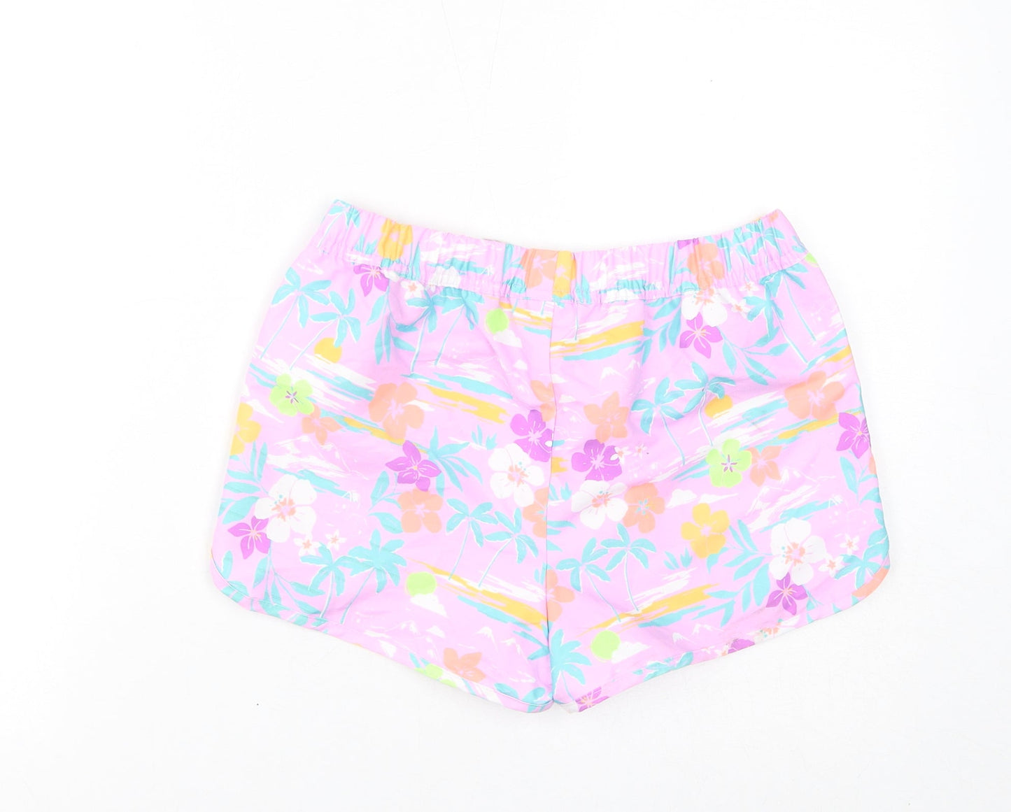Marks and Spencer Girls Purple Floral Polyester Sweat Shorts Size 12-13 Years L3 in Regular Drawstring - Palm Trees, Inside Leg 2in