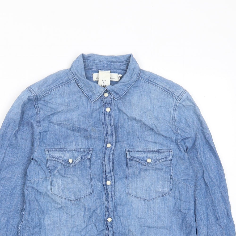 H&M Womens Blue Cotton Basic Button-Up Size 8 Collared - Pockets