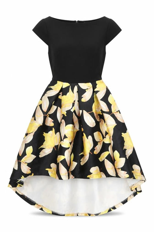 Lucy Wang Womens Black Floral Polyester Fit & Flare Size S Boat Neck Zip - Pleated
