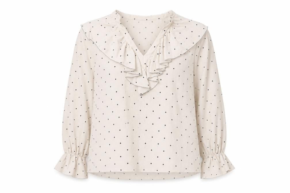 Marks & Spencer Womens Beige Polka Dot Polyester Basic Blouse Size 12 V-Neck - Frill