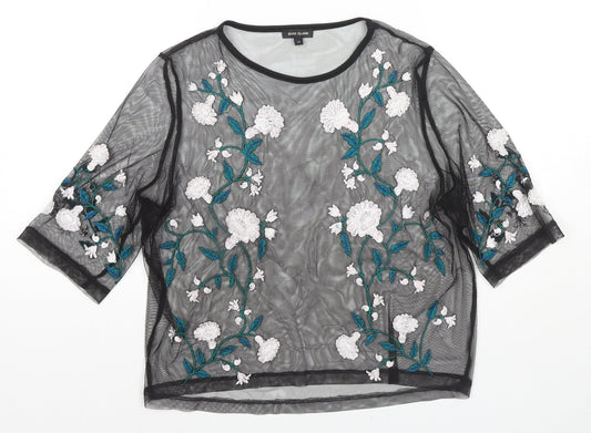 River Island Womens Black Polyester Basic Blouse Size 12 Round Neck - Flowers