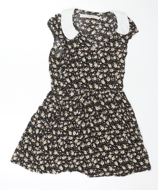 Valley Of The Dolls Womens Black Floral Viscose Fit & Flare Size 8 Collared Pullover - Pockets