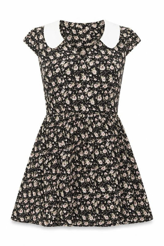 Valley Of The Dolls Womens Black Floral Viscose Fit & Flare Size 8 Collared Pullover - Pockets