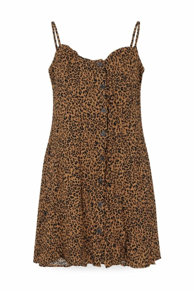 H&M Womens Beige Animal Print Viscose Tank Dress Size 10 Square Neck Button