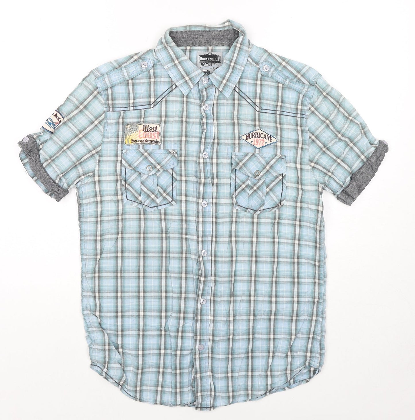 UrbanSpirit Mens Blue Check Cotton Button-Up Size S Collared Button