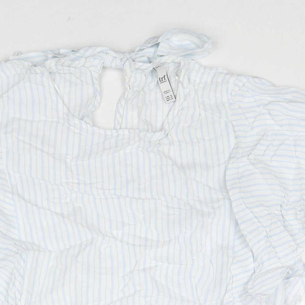 Zara Womens Blue Striped Viscose Basic Blouse Size M Round Neck