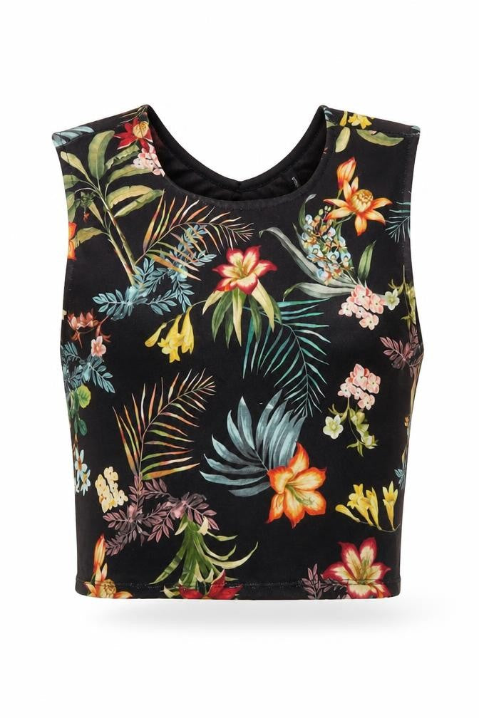 Stradivarius Womens Black Floral Polyester Cropped Blouse Size 8 Round Neck