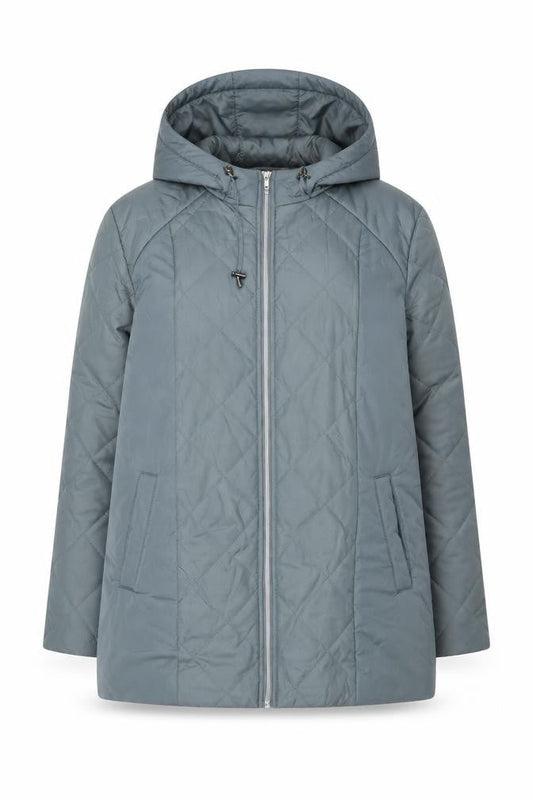 Front view of Anne De Lancay women’s blue rain coat coat, size S, zip