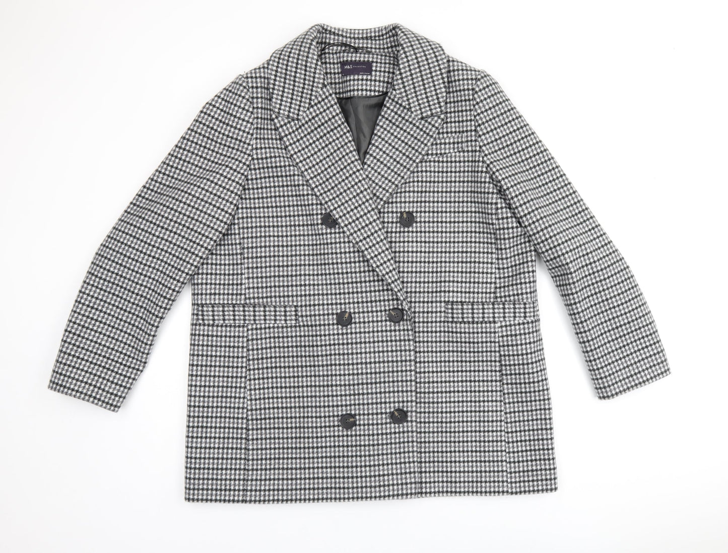 Marks and Spencer Womens Grey Plaid Overcoat Coat Size 18 Button