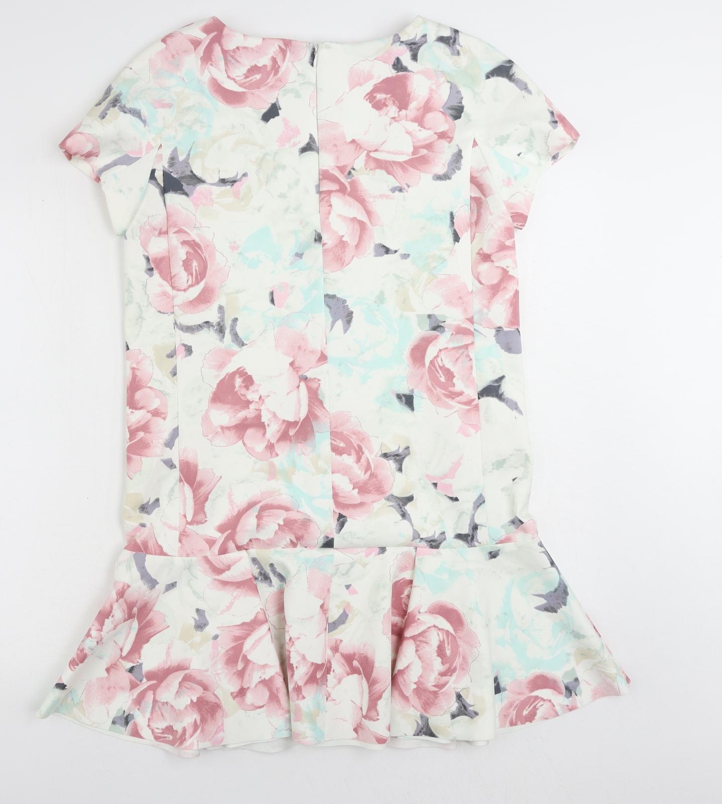 Marks and Spencer Womens Multicoloured Floral Polyester Shift Size 14 Boat Neck Zip - Ruffle