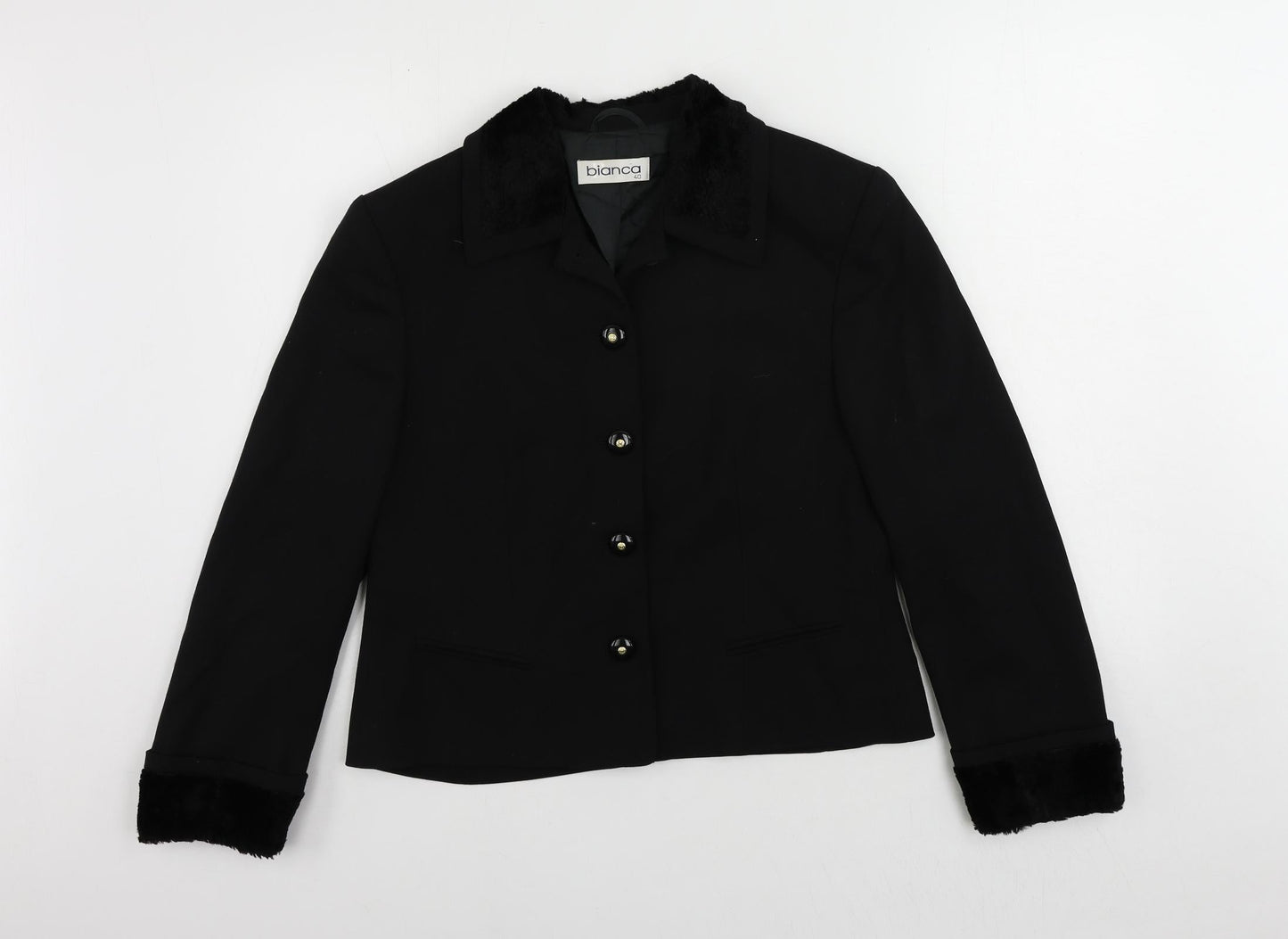 Bianca Womens Black Jacket Blazer Size 12 Button - Faux Fur Trim