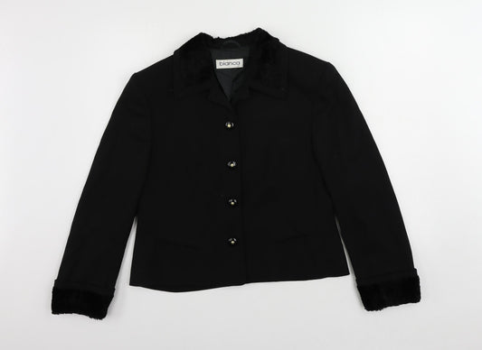 Bianca Womens Black Jacket Blazer Size 12 Button - Faux Fur Trim