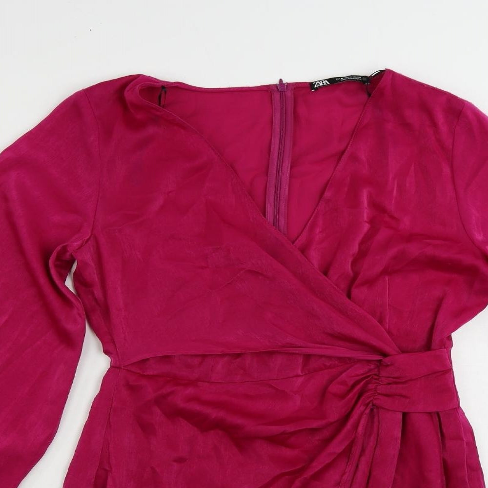 Zara Womens Pink Polyester Mini Size M V-Neck Zip