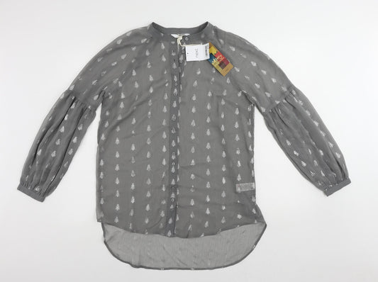 NEXT Womens Grey Geometric Polyester Basic Button-Up Size 10 Round Neck - Christmas Tree Print