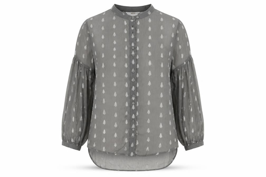 NEXT Womens Grey Geometric Polyester Basic Button-Up Size 10 Round Neck - Christmas Tree Print