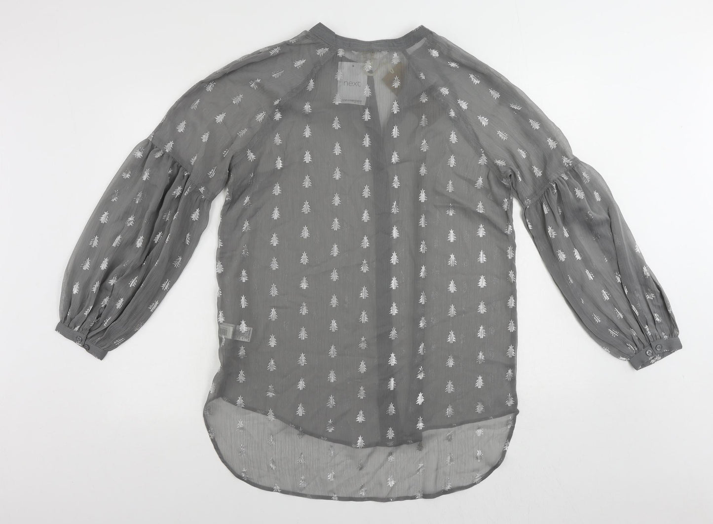 NEXT Womens Grey Geometric Polyester Basic Button-Up Size 10 Round Neck - Christmas Tree Print